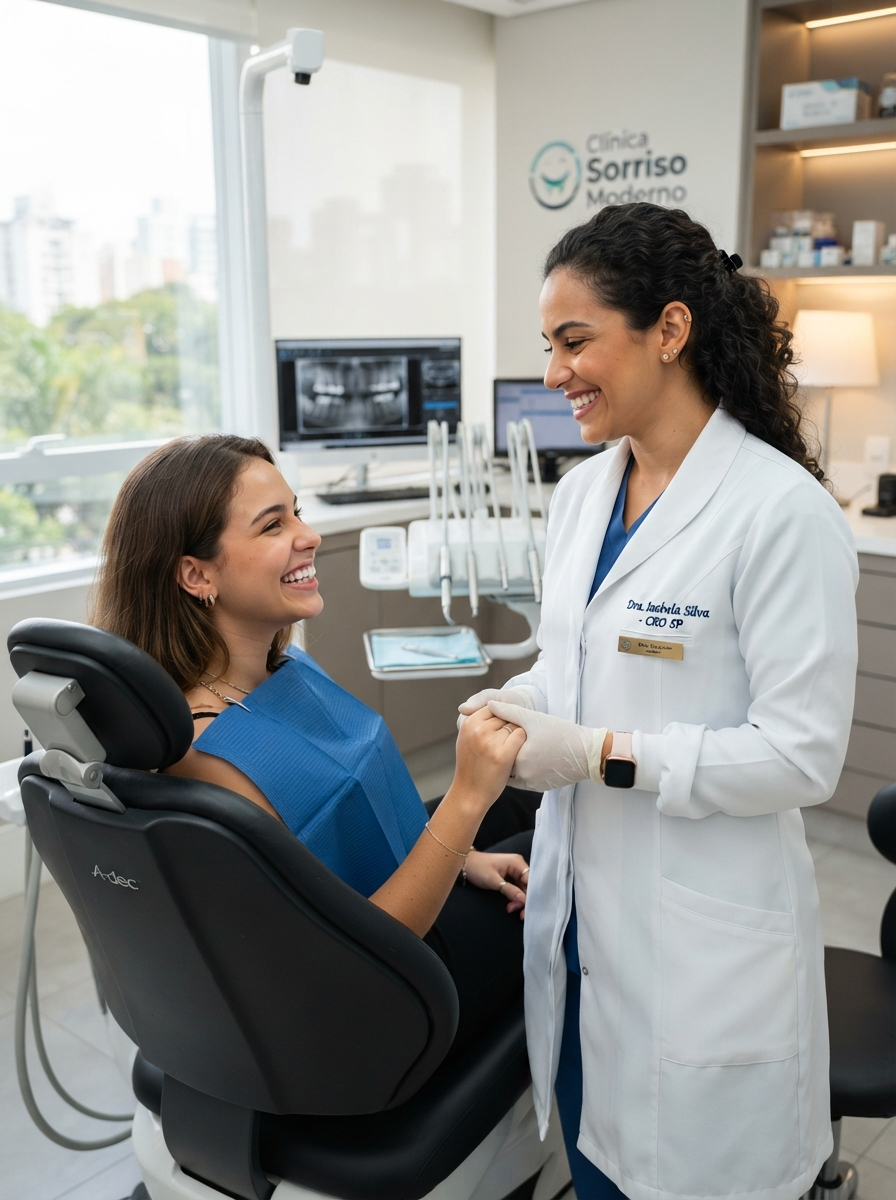 Dentista sorridente atendendo paciente em consultório odontológico