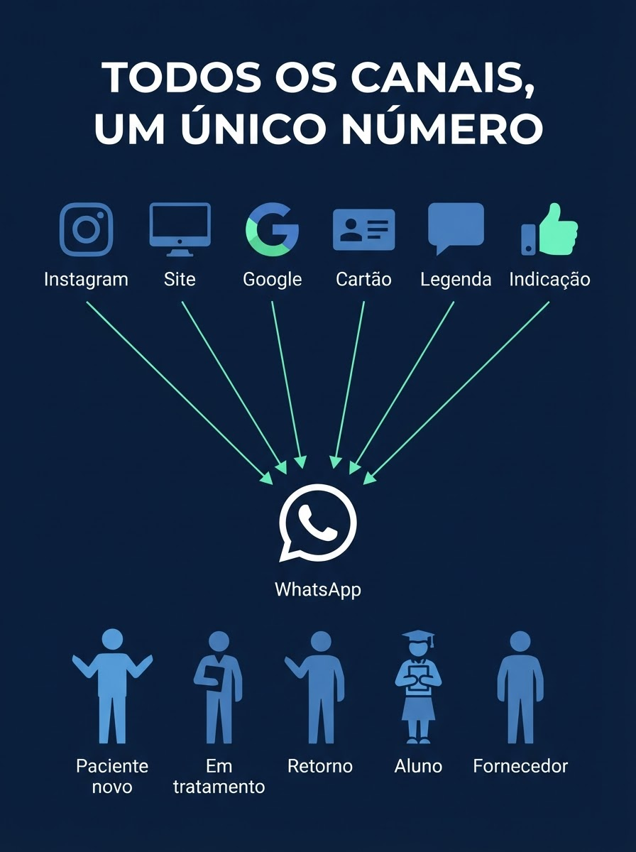 Infográfico mostrando seis canais de contato convergindo para um único WhatsApp da clínica, onde cinco tipos de pessoa esperam na mesma fila