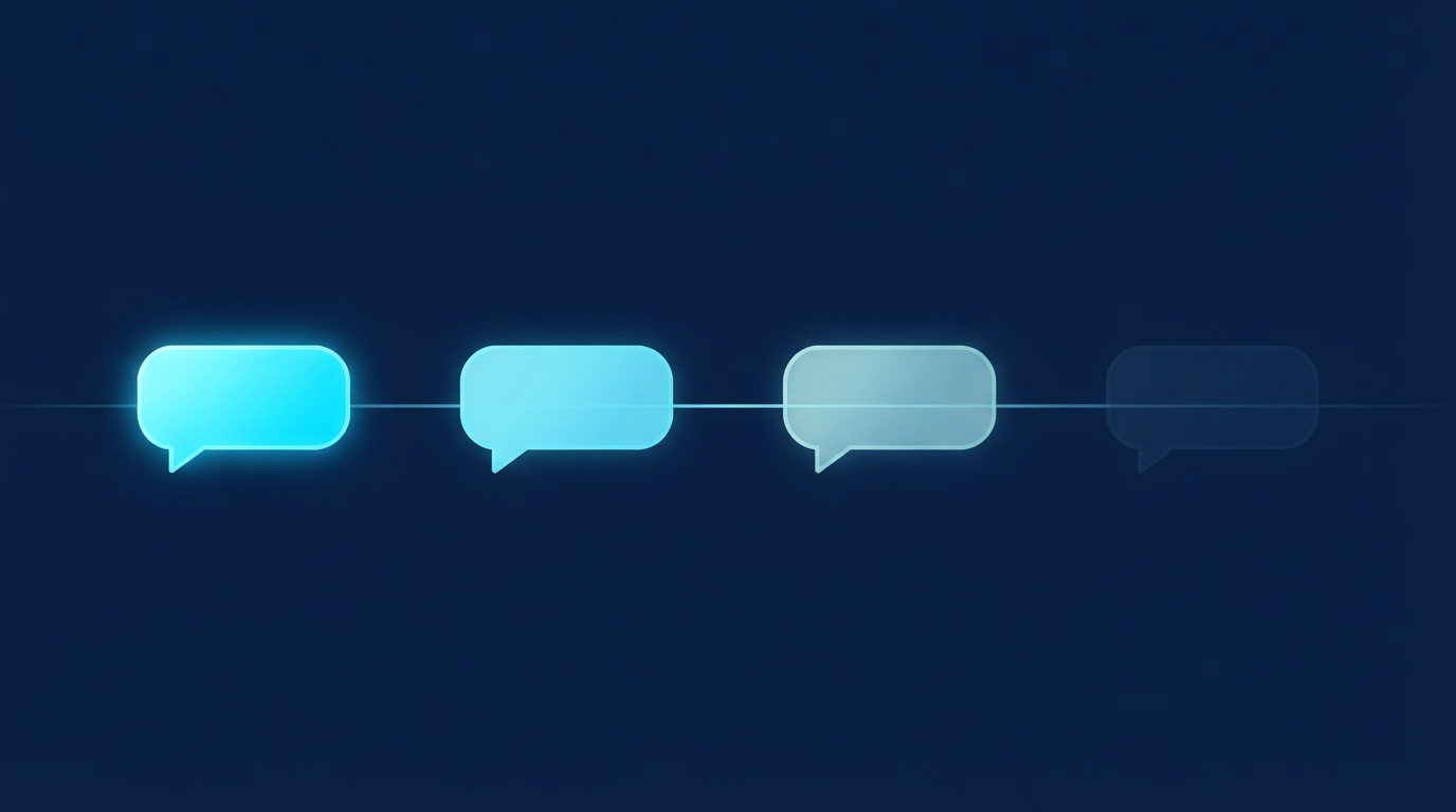 Linha do tempo com balões de mensagem em ciano se apagando progressivamente