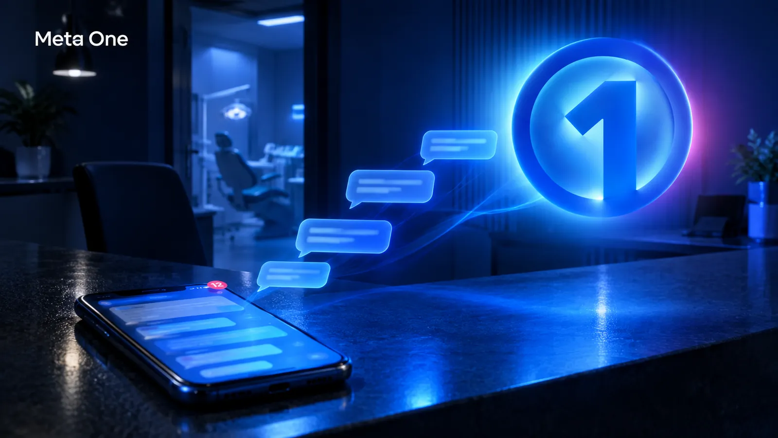 Emblema do Meta One iluminando a recepção vazia de uma clínica odontológica à noite, com celular recebendo mensagens de pacientes