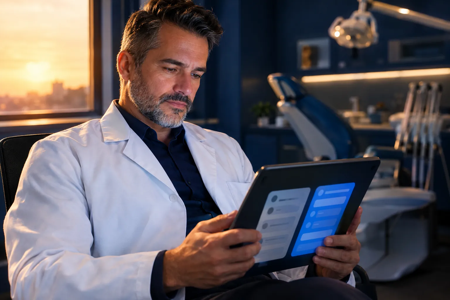 Dentista dono de clínica analisando duas opções de atendimento no tablet dentro do consultório