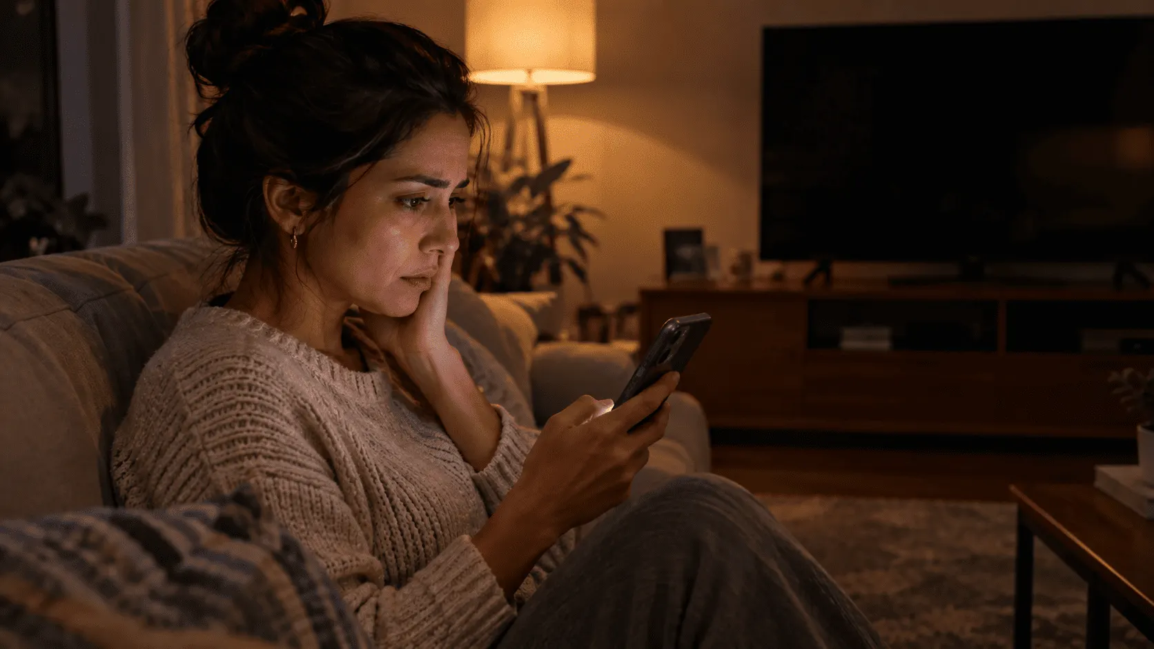 Pessoa no sofá à noite enviando mensagem para clínica odontológica pelo celular