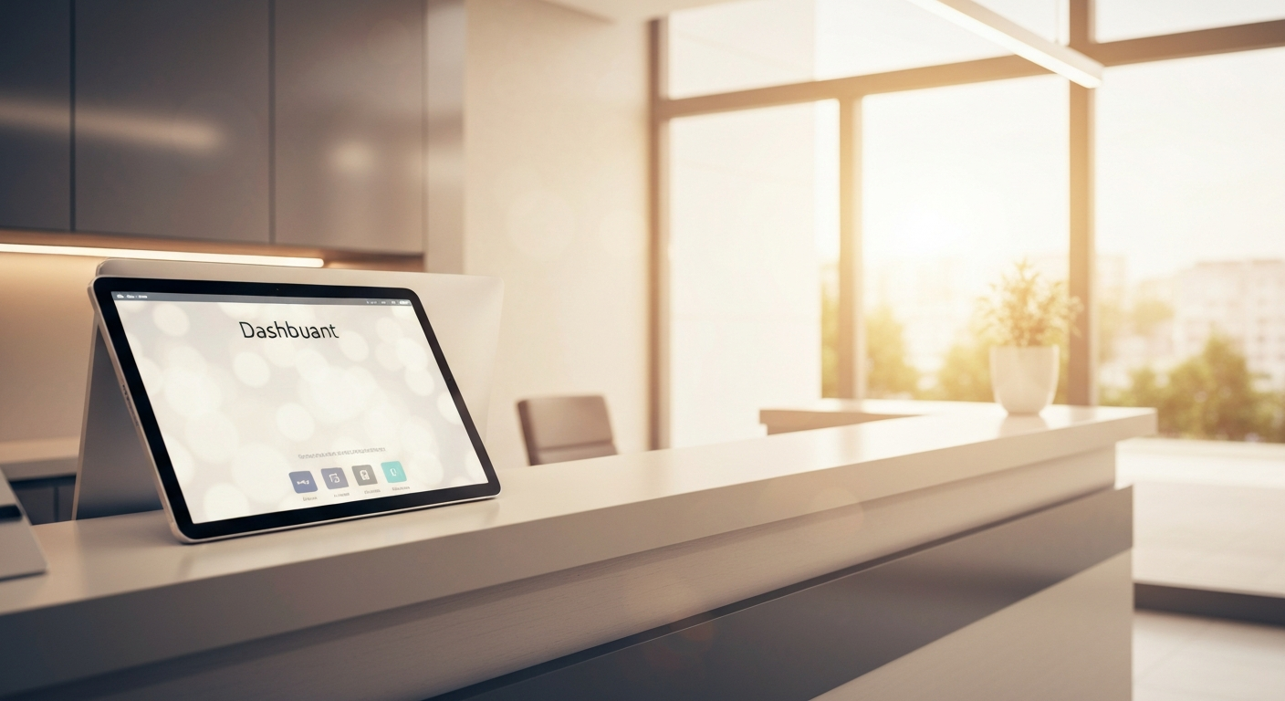 Recepção moderna de clínica odontológica com tablet