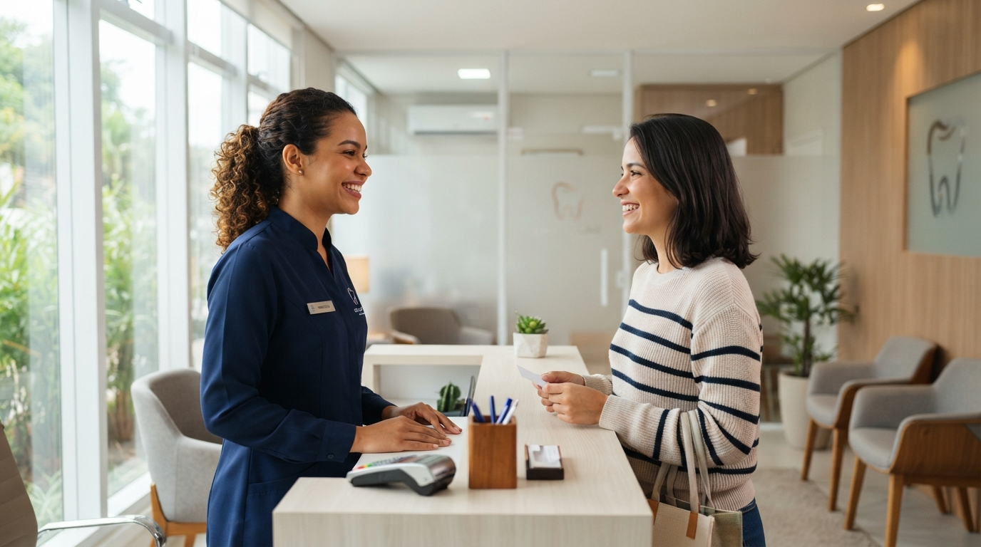 Recepcionista sorridente atendendo paciente no balcão da clínica odontológica